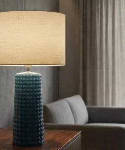 Lampe de table Gliss céramique bleue abat-jour tissu blanc