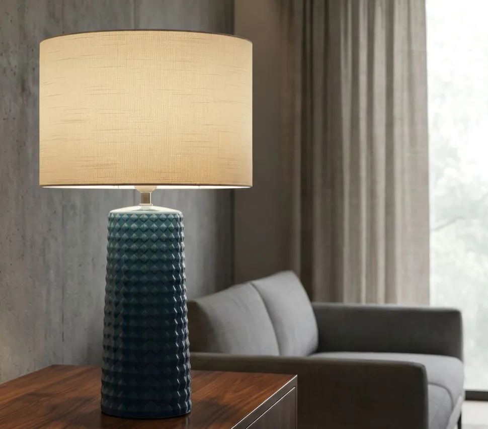 Lampe de table Gliss céramique bleue abat-jour tissu blanc