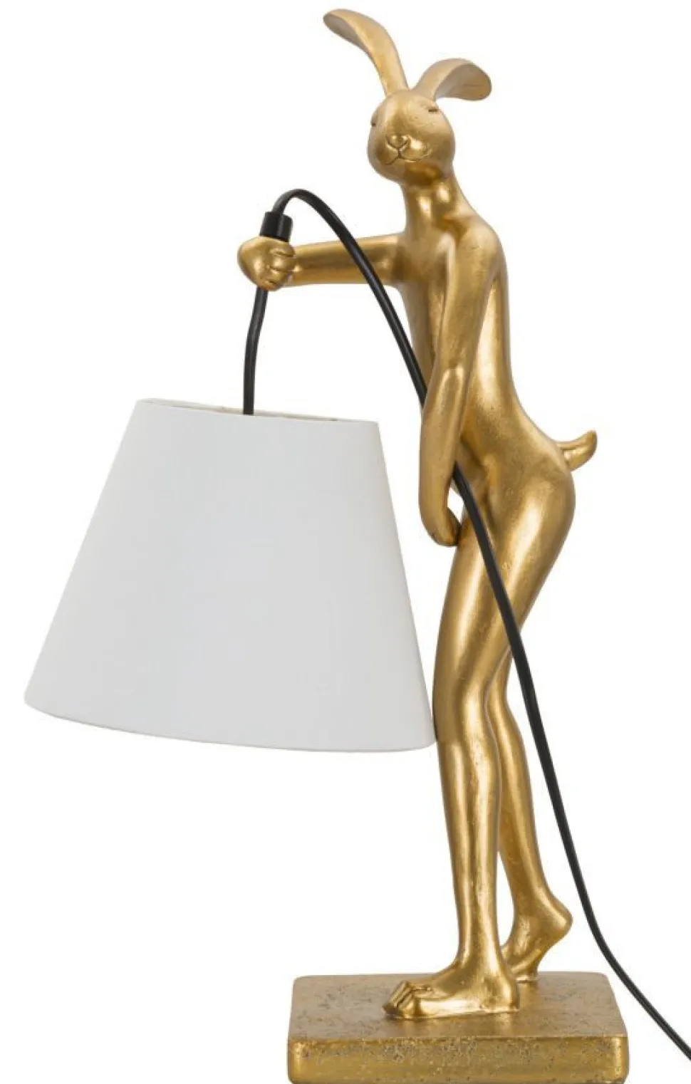 Lampe de table Lapin Polyrésine Dorée abat-jour Tissu Blanc