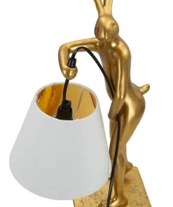 Lampe de table Lapin Polyrésine Dorée abat-jour Tissu Blanc