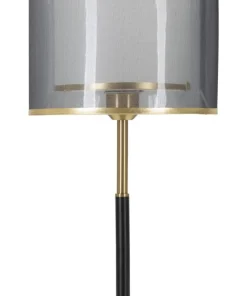 Lampe de table niveaux métal Noir et Doré abat-jour Gris Transparent / Blanc bordure Dorée
