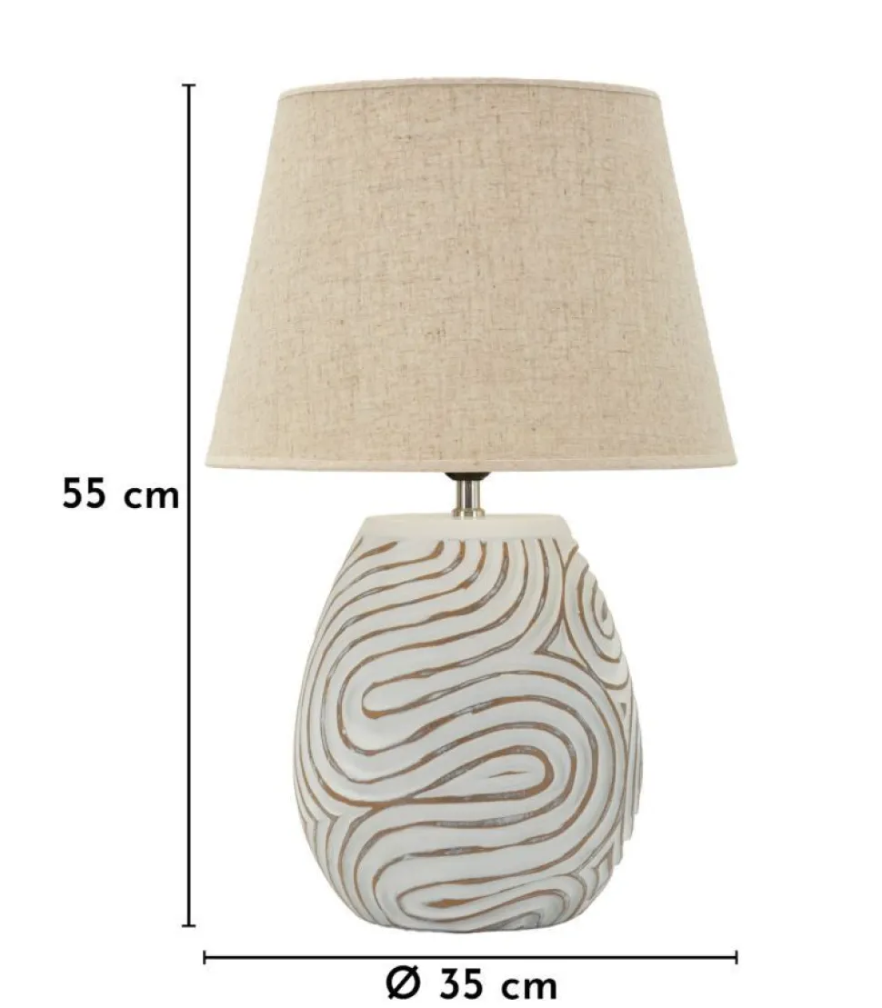 Lampe de table Oblix résine gravée blanche abat-jour tissu gris clair