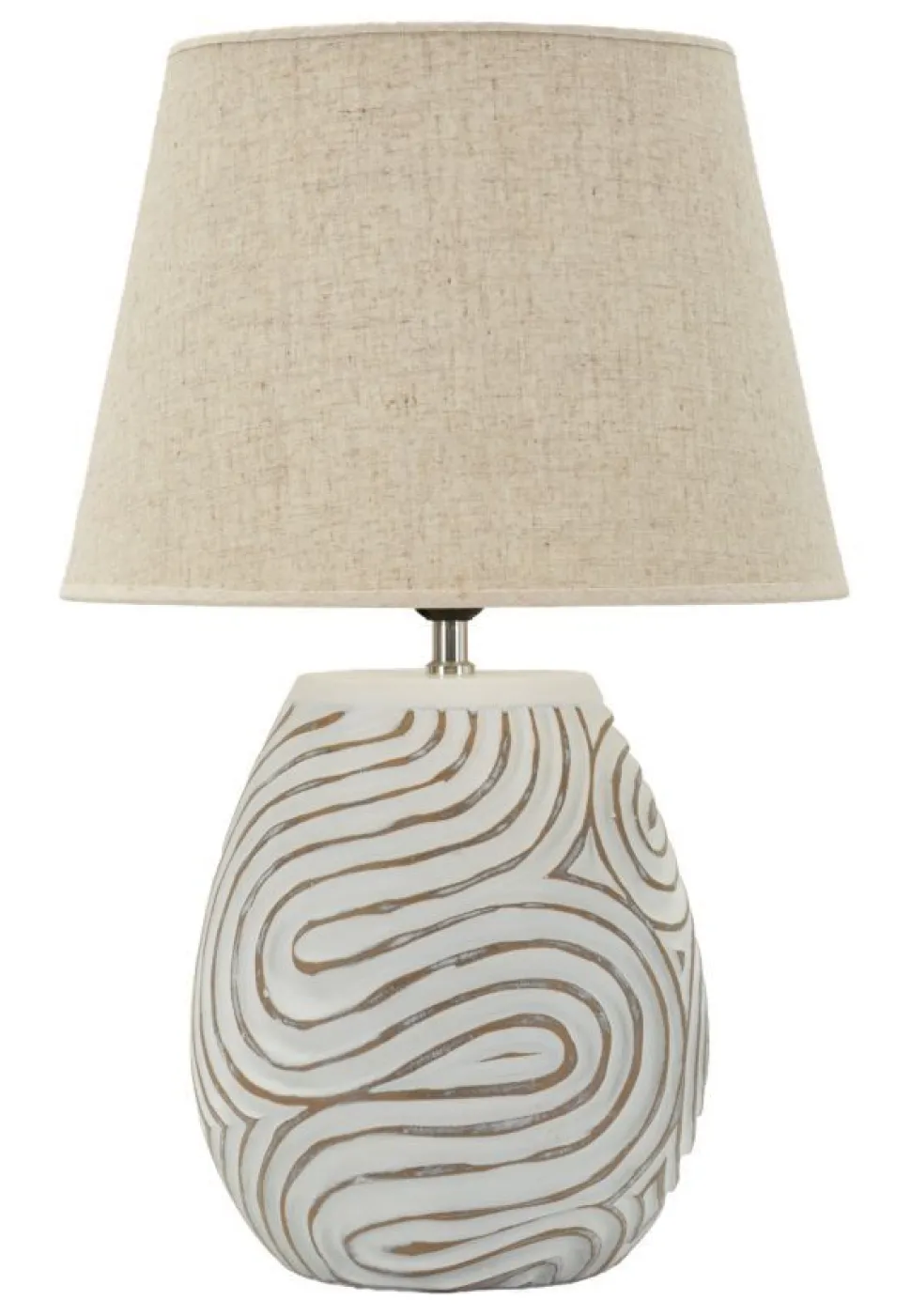 Lampe de table Oblix résine gravée blanche abat-jour tissu gris clair