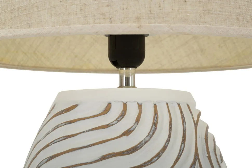 Lampe de table Oblix résine gravée blanche abat-jour tissu gris clair
