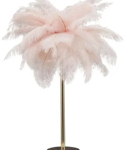 Lampe de table Palm métal doré et abat-jour plumes roses
