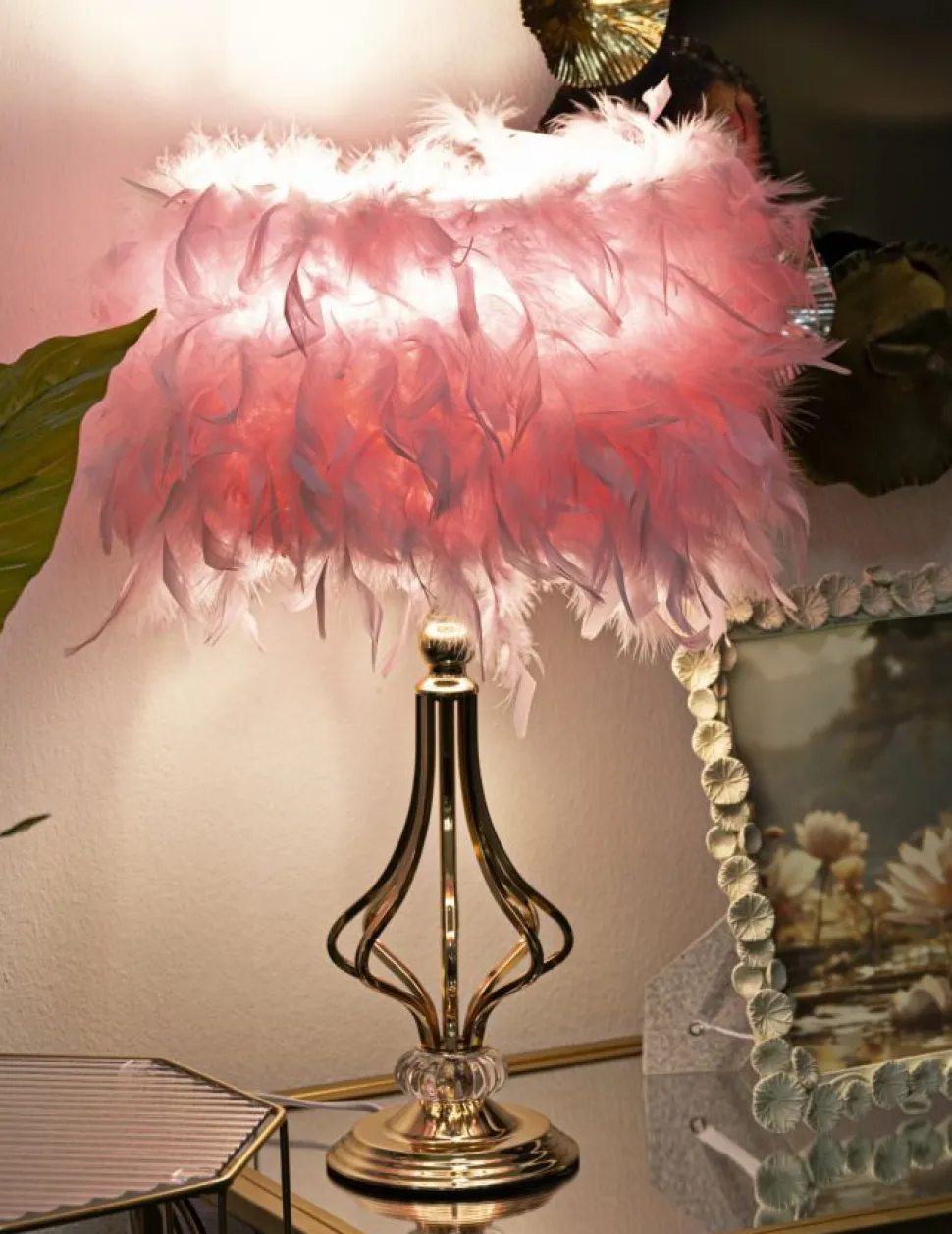 Lampe de table Tarty Métal Doré Abat-jour plumes Roses