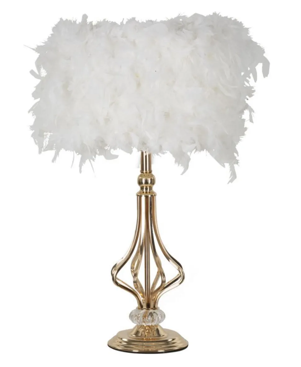Lampe de table Tarty métal doré abat-jour plumes synthétiques blanches