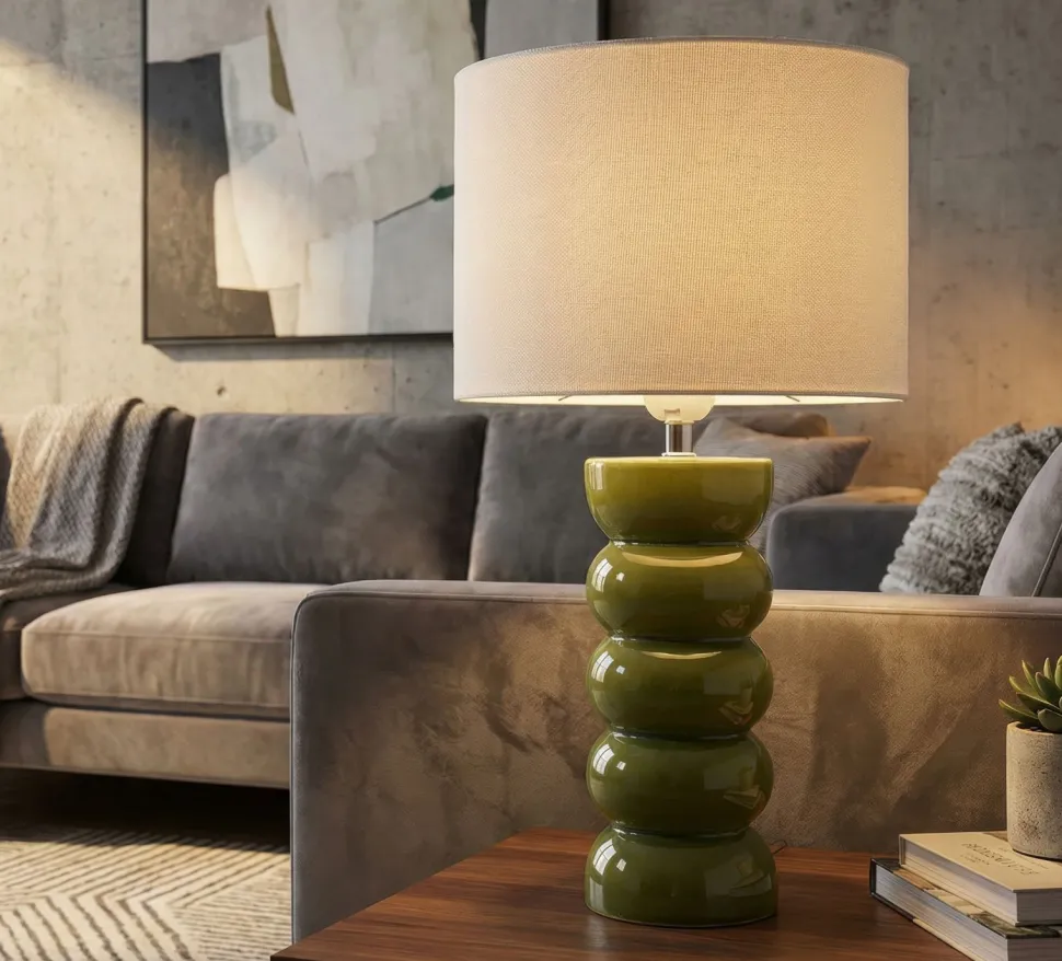 Lampe de table Torr céramique émaillée vert olive abat-jour clair