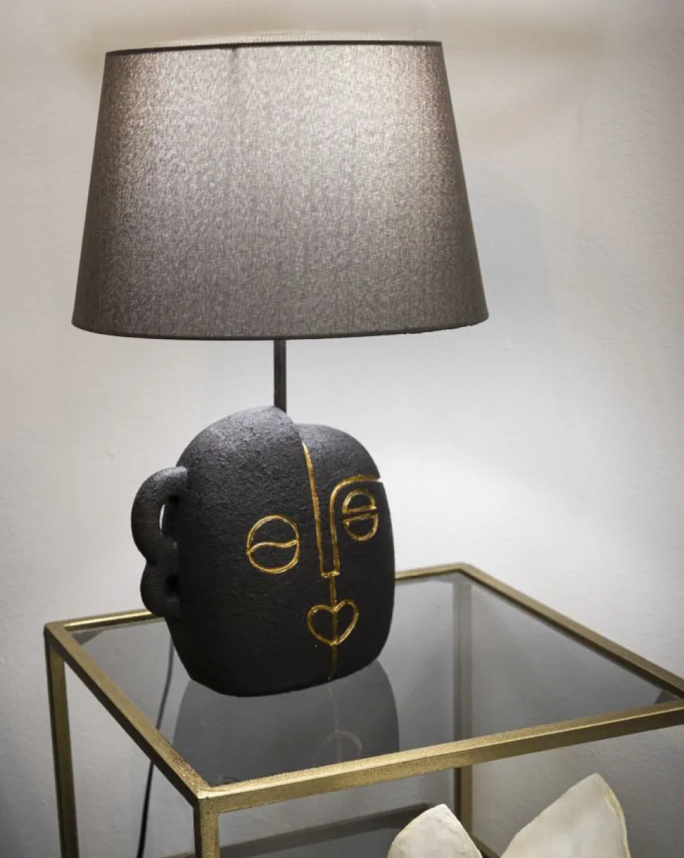 Lampe de table Tribal Résine noire abat-jour Tissu gris