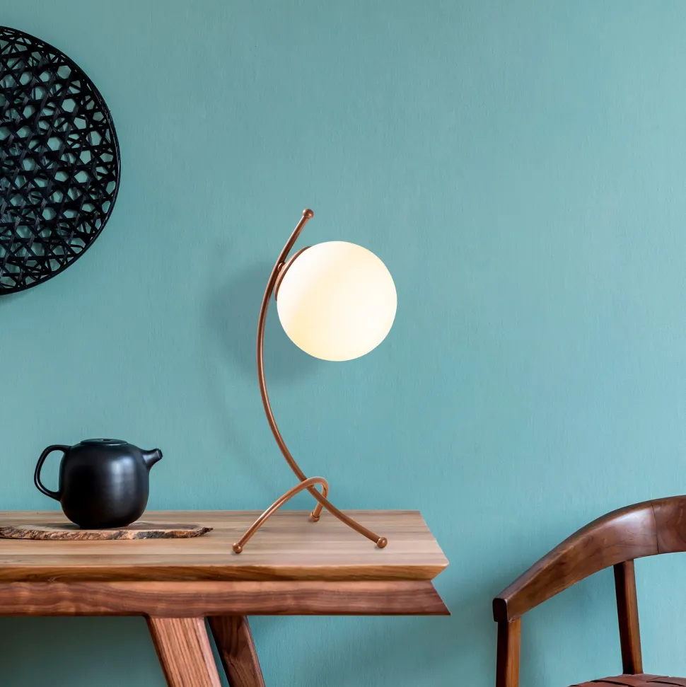 Lampe de table trépied arcs Bulla 43cm Verre Blanc et Métal Or rose