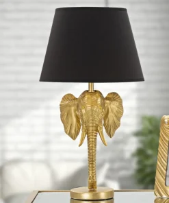 Lampe de table tête d'éléphant en métal noir abat-jour tissu noir
