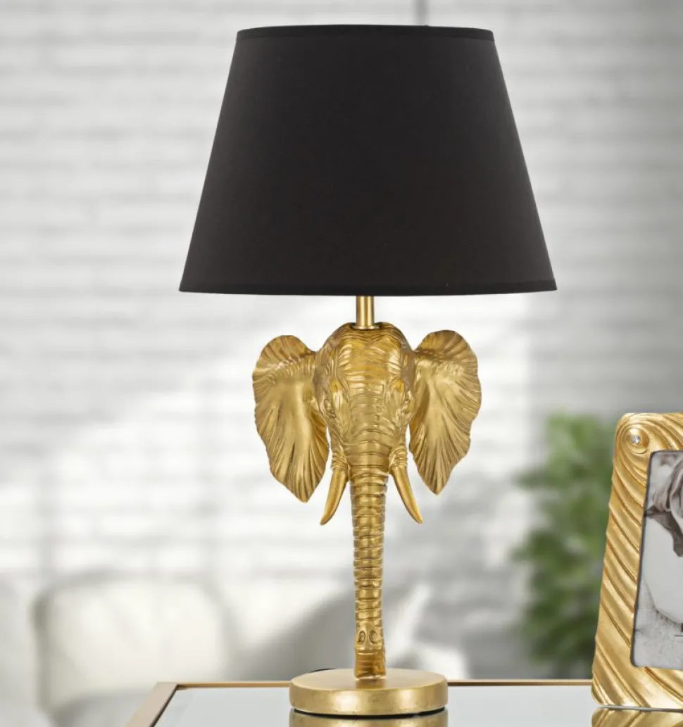 Lampe de table tête d'éléphant en métal noir abat-jour tissu noir