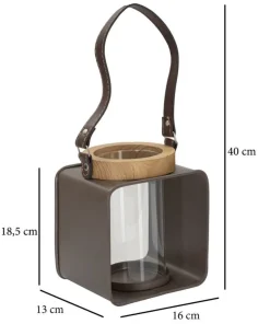 Lanterne en métal et bois design 19ème siècle verre transparent poignée en cuir