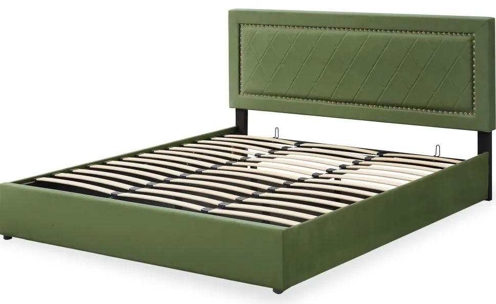 Lit coffre Sandiego avec sommier relevable 180x200cm et tête de lit cloutée Velours Kaki