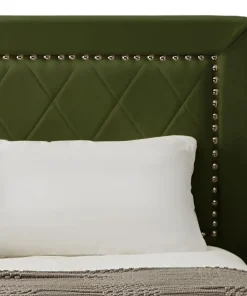 Lit coffre Sandiego avec sommier relevable 180x200cm et tête de lit cloutée Velours Kaki