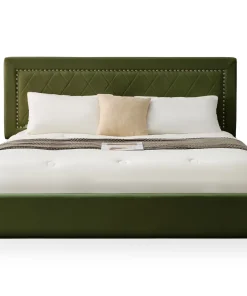 Lit coffre Sandiego avec sommier relevable 180x200cm et tête de lit cloutée Velours Kaki