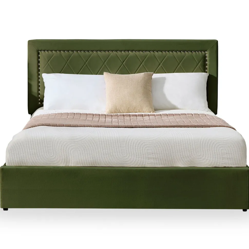 Lit coffre Sandiego avec sommier relevable 140x200cm et tête de lit cloutée Velours Kaki