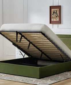 Lit coffre Sandiego avec sommier relevable 140x200cm et tête de lit cloutée Velours Kaki