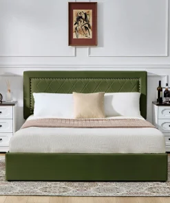 Lit coffre Sandiego avec sommier relevable 140x200cm et tête de lit cloutée Velours Kaki