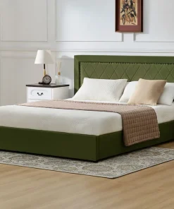 Lit coffre Sandiego avec sommier relevable 140x200cm et tête de lit cloutée Velours Kaki