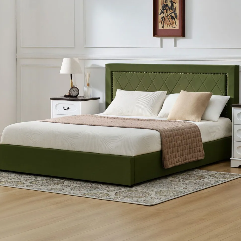 Lit coffre Sandiego avec sommier relevable 140x200cm et tête de lit cloutée Velours Kaki