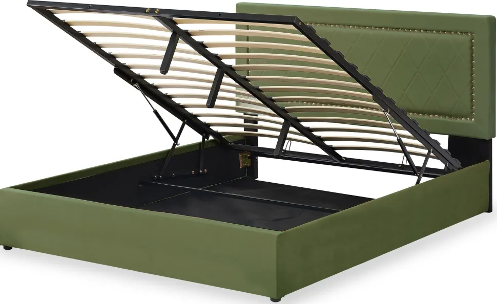 Lit coffre Sandiego avec sommier relevable 140x200cm et tête de lit cloutée Velours Kaki