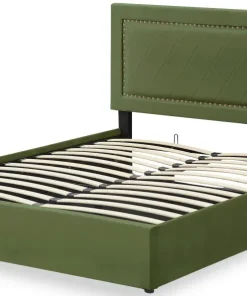 Lit coffre Sandiego avec sommier relevable 140x200cm et tête de lit cloutée Velours Kaki