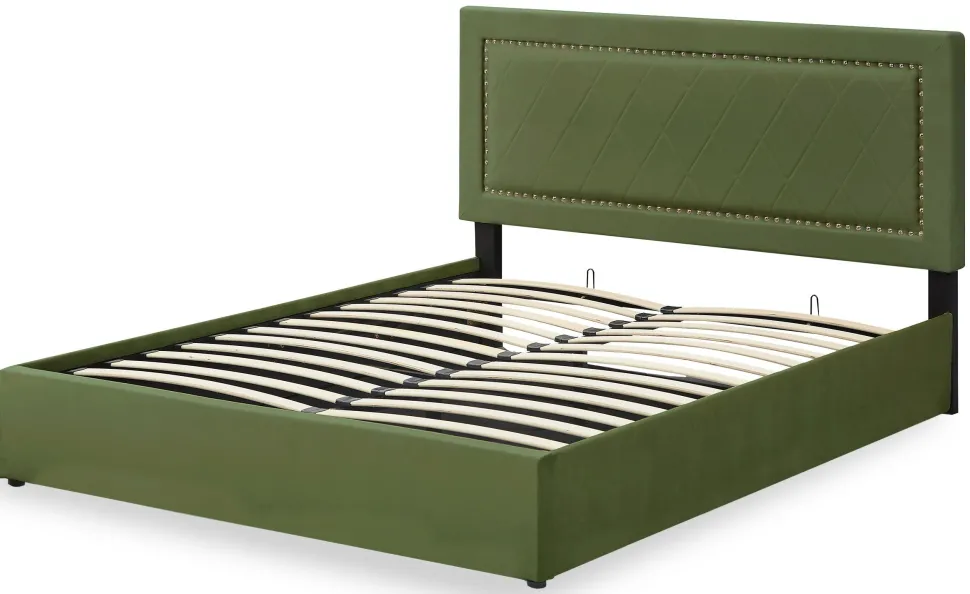 Lit coffre Sandiego avec sommier relevable 140x200cm et tête de lit cloutée Velours Kaki