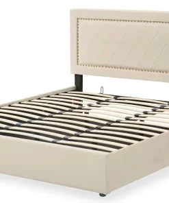 Lit coffre Sandiego avec sommier relevable 180x200cm et tête de lit cloutée Velours Beige clair