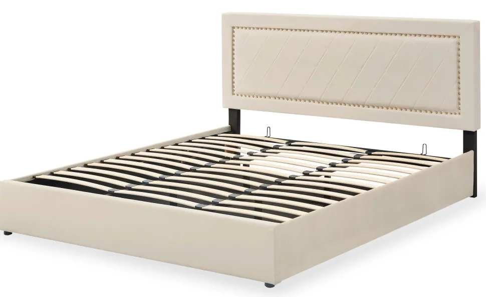 Lit coffre Sandiego avec sommier relevable 180x200cm et tête de lit cloutée Velours Beige clair