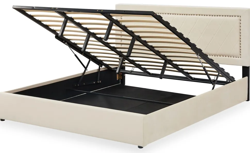 Lit coffre Sandiego avec sommier relevable 180x200cm et tête de lit cloutée Velours Beige clair