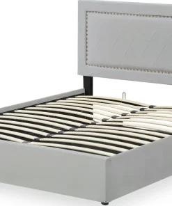 Lit coffre Sandiego avec sommier relevable 140x200cm et tête de lit cloutée Velours Gris clair