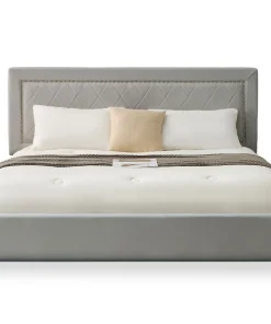 Lit coffre Sandiego avec sommier relevable 180x200cm et tête de lit cloutée Velours Gris clair