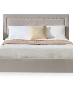 Lit coffre Sandiego avec sommier relevable 140x200cm et tête de lit cloutée Velours Taupe