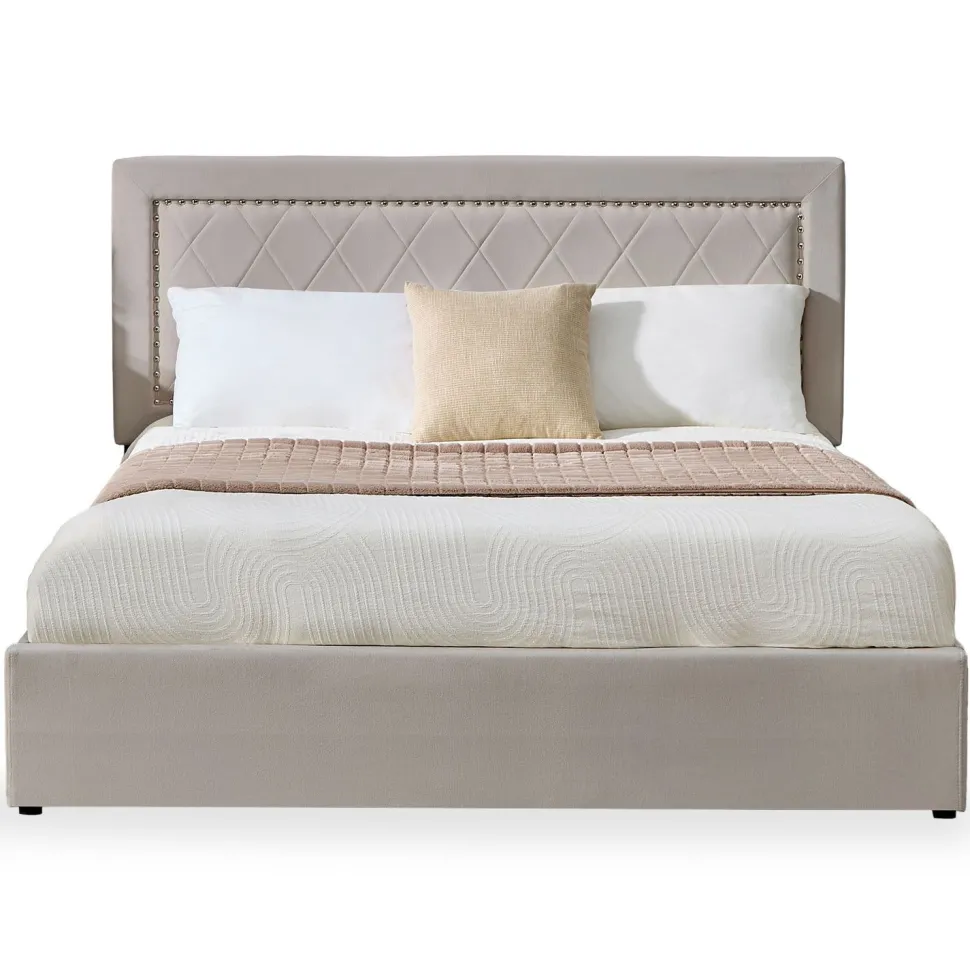 Lit coffre Sandiego avec sommier relevable 140x200cm et tête de lit cloutée Velours Taupe