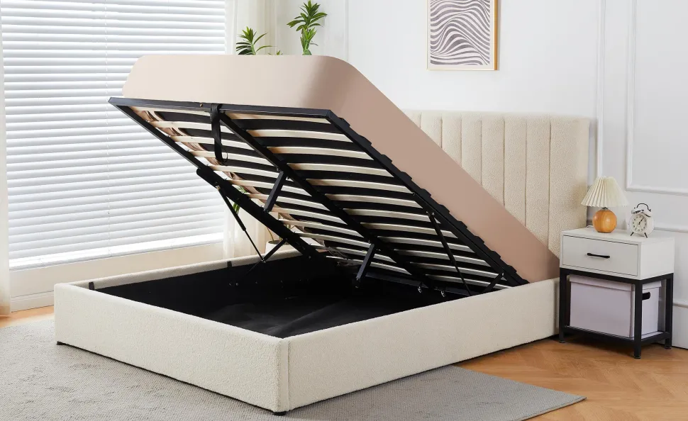 Lit Coffre Songe + Sommier Tissu bouclette Beige 160cm
