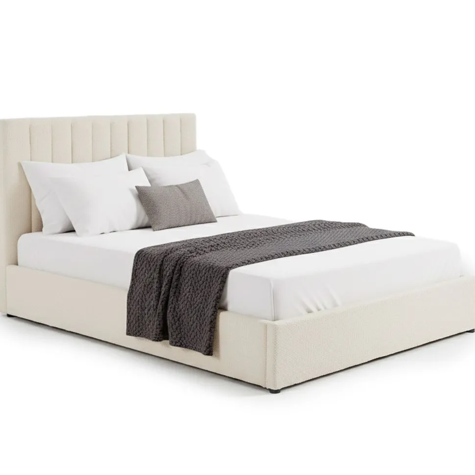 Lit Coffre Songe + Sommier Tissu bouclette Beige 160cm