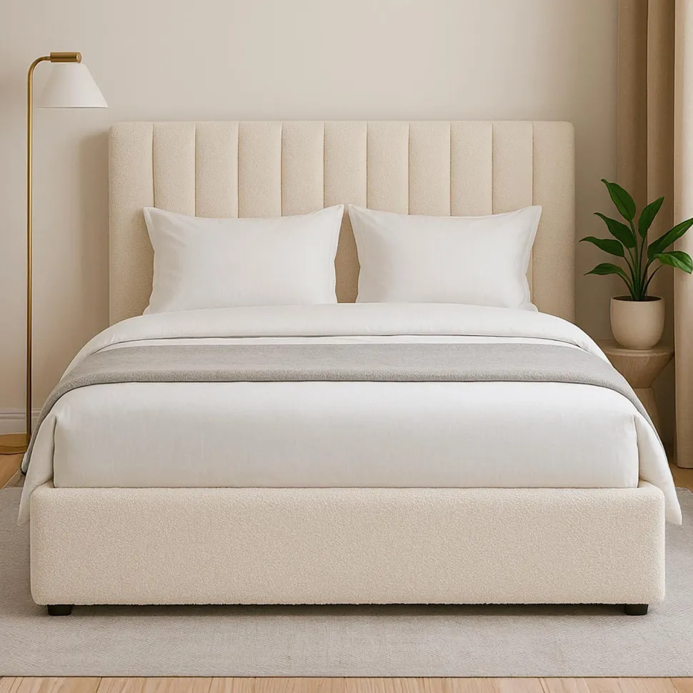 Lit Coffre Songe + Sommier Tissu bouclette Beige 160cm