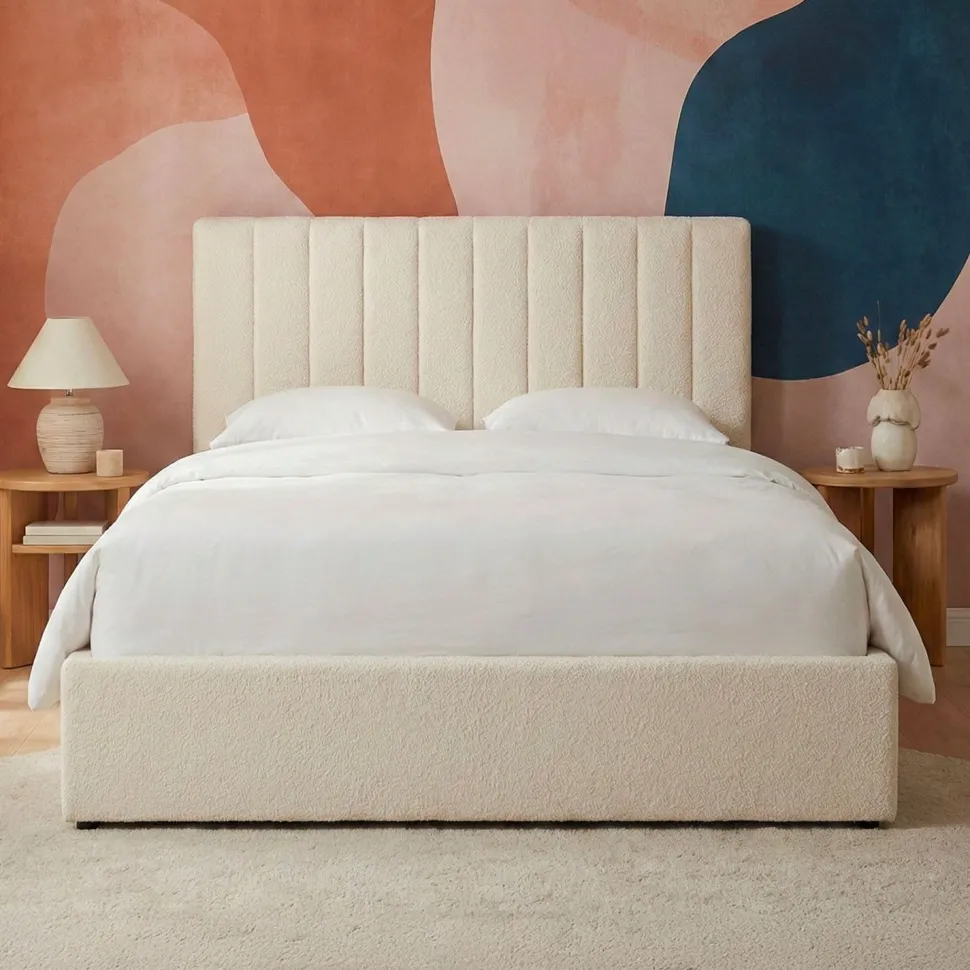 Lit Coffre Songe + Sommier Tissu bouclette Beige 140cm