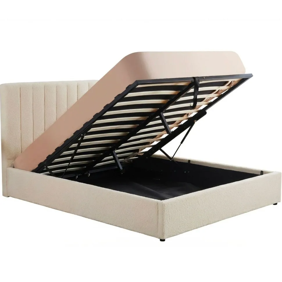 Lit Coffre Songe + Sommier Tissu bouclette Beige 140cm