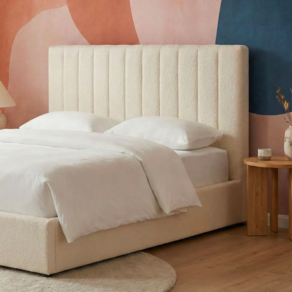 Lit Coffre Songe + Sommier Tissu bouclette Beige 140cm