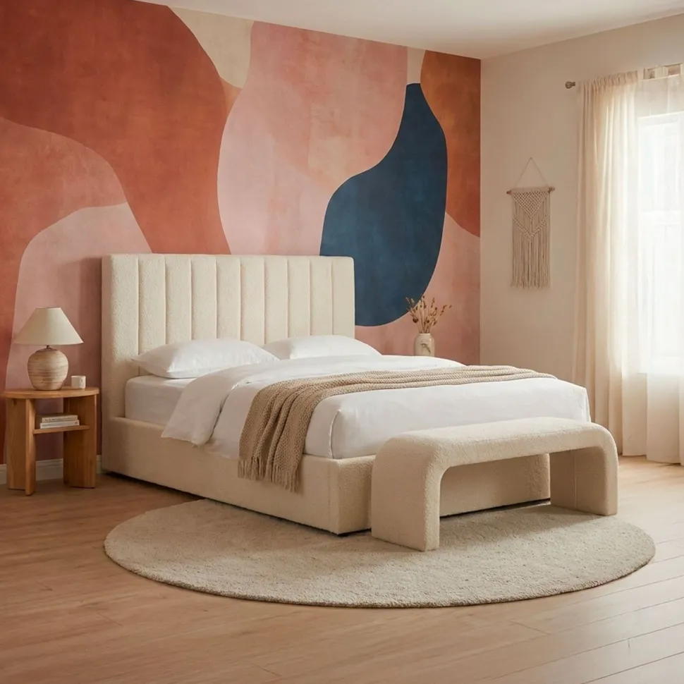 Lit Coffre Songe + Sommier Tissu bouclette Beige 140cm