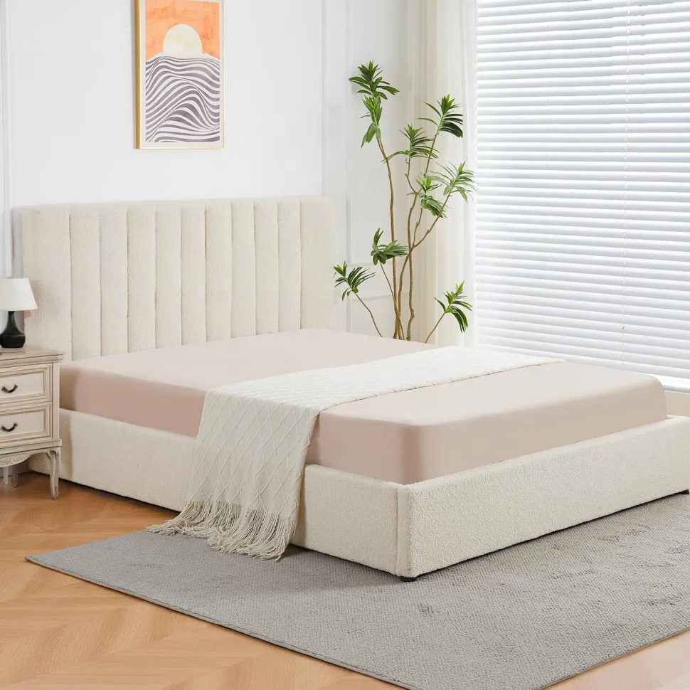 Lit Coffre Songe + Sommier Tissu bouclette Beige 180cm