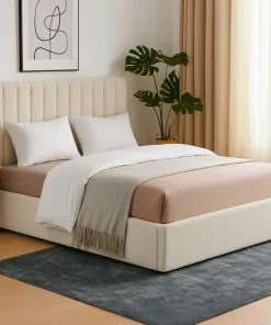 Lit Coffre Songe + Sommier Tissu bouclette Beige 180cm