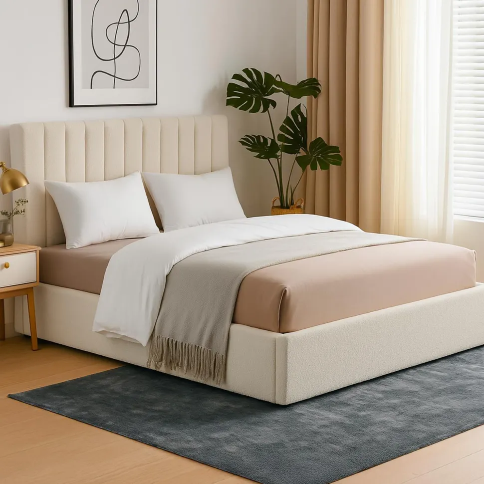 Lit Coffre Songe + Sommier Tissu bouclette Beige 180cm
