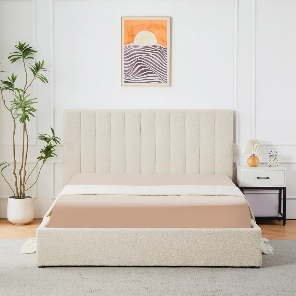 Lit Coffre Songe + Sommier Tissu bouclette Beige 180cm