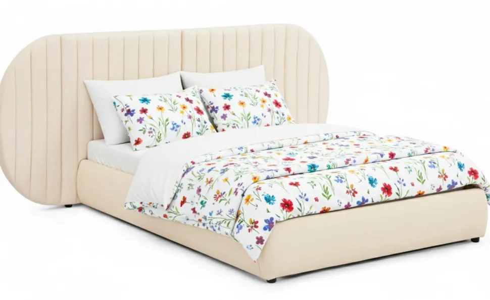 Lit coffre-complet avec tête de lit modulable Cocon 140x200cm Tissu Beige