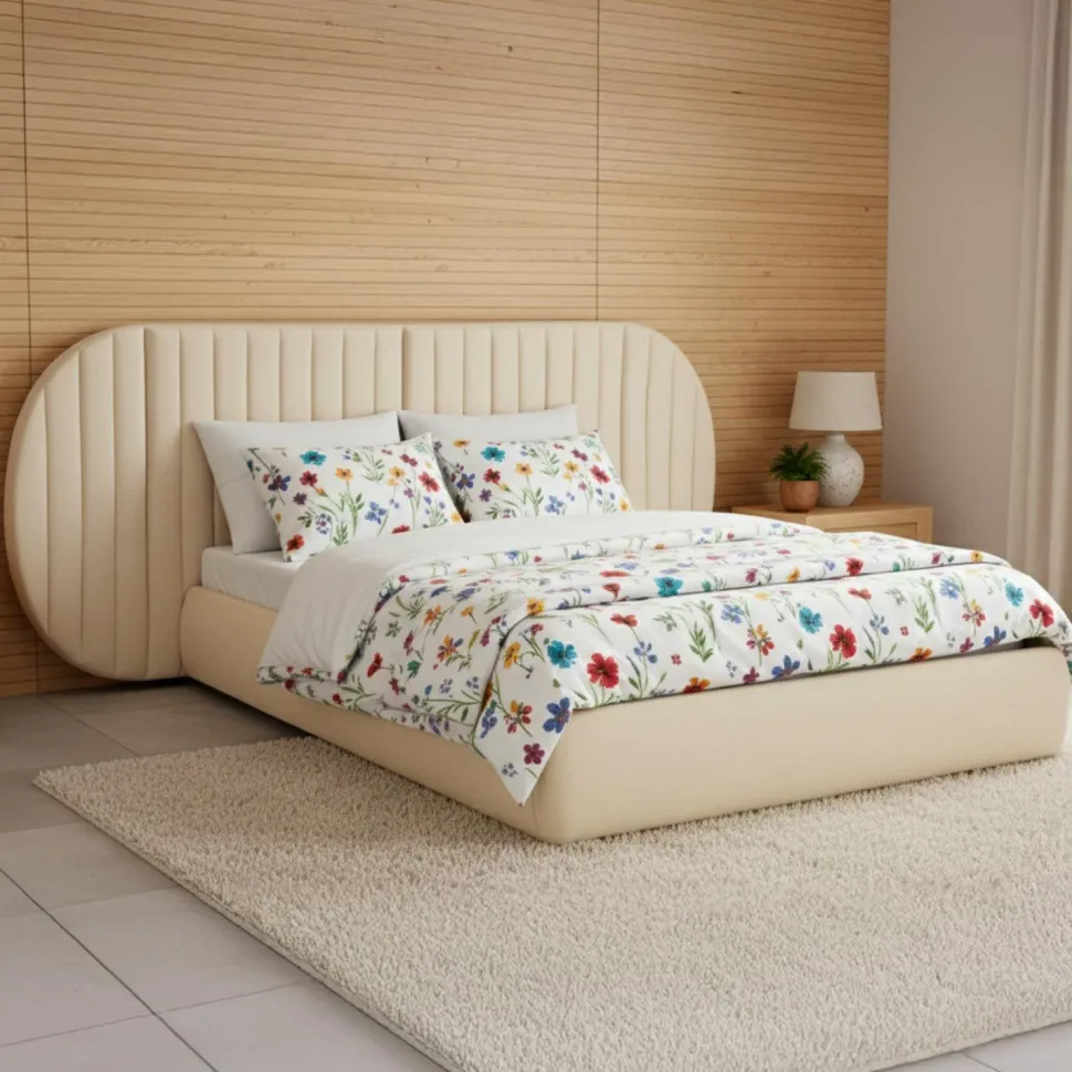 Lit coffre-complet avec tête de lit modulable Cocon 140x200cm Tissu Beige