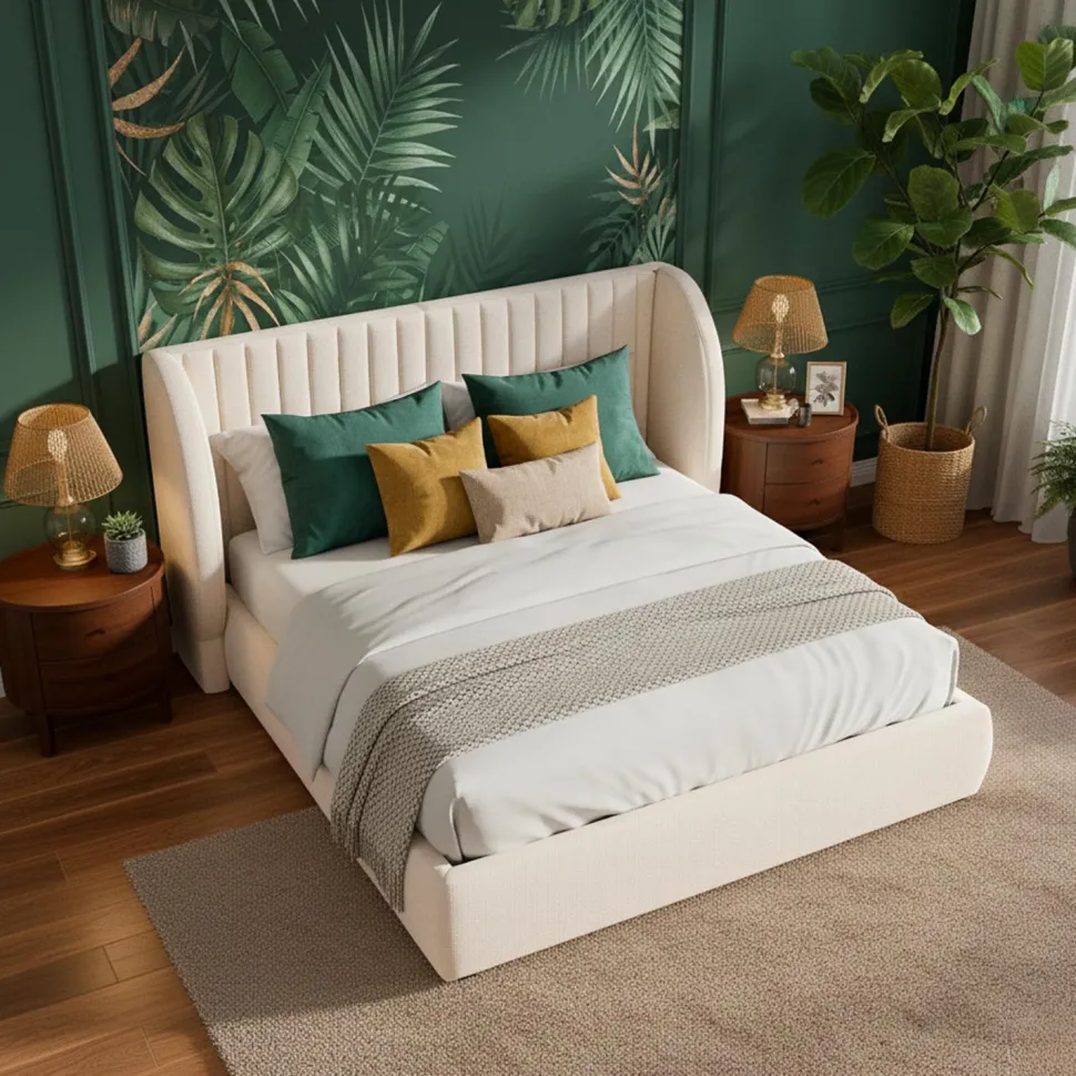 Lit coffre-complet avec tête de lit modulable Cocon 140x200cm Tissu Beige