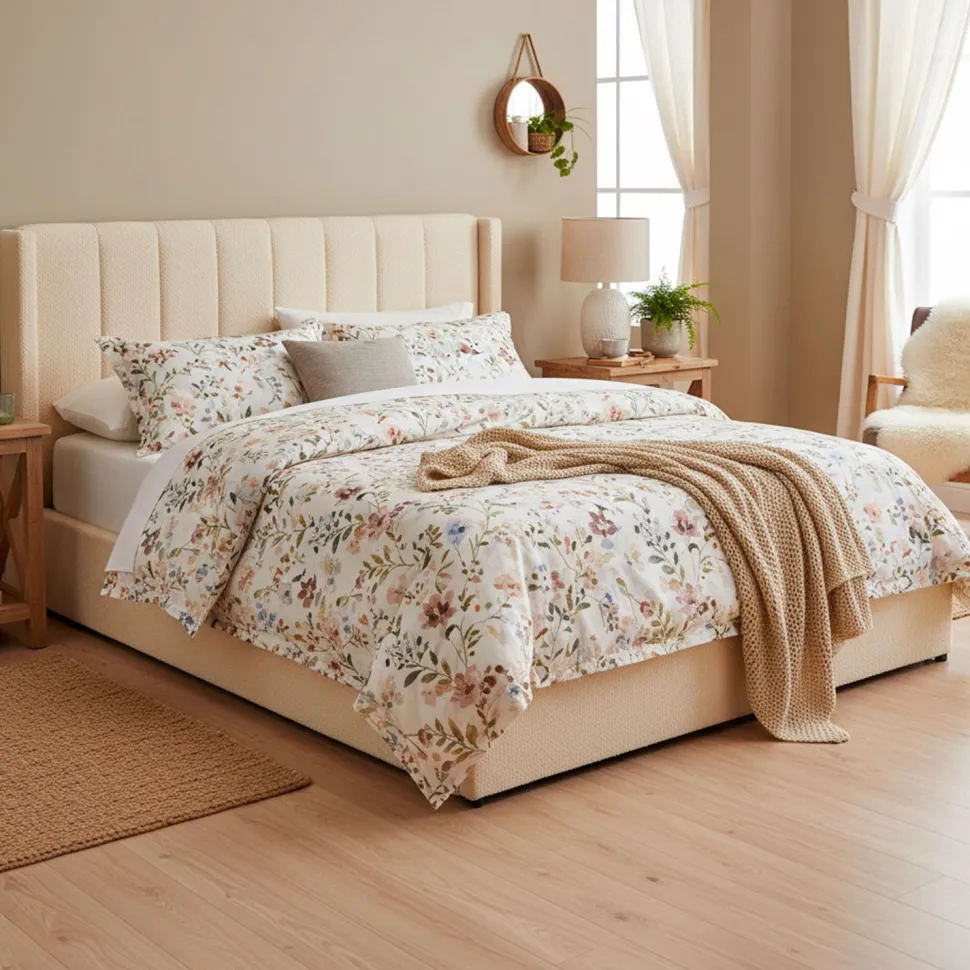 Lit double Magorial avec sommier relevable 180x200cm Tissu Bouclette Crème